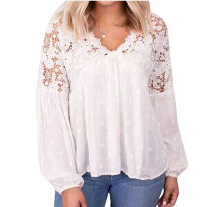 Free People Lina Lace Top Bohemian Flowy Balloon Sleeve Size S